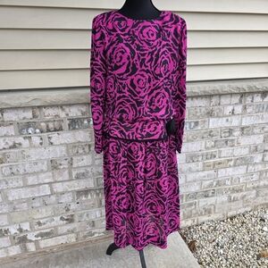 Vintage 80s R&K Originals Pink Rose Print Peplum Dress